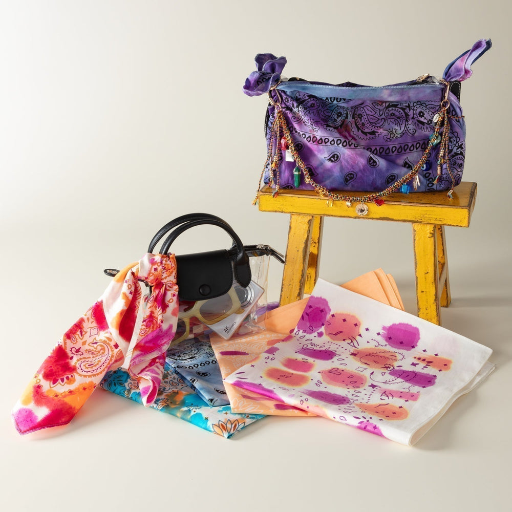 Clear handbags decorated with tie-dyed bandanas