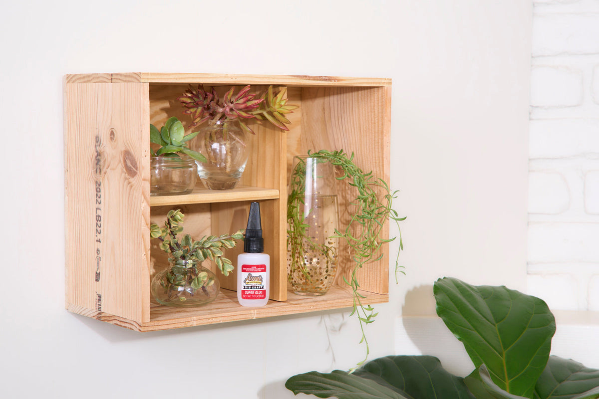 Upcycled wooden wine box shelf with super glue