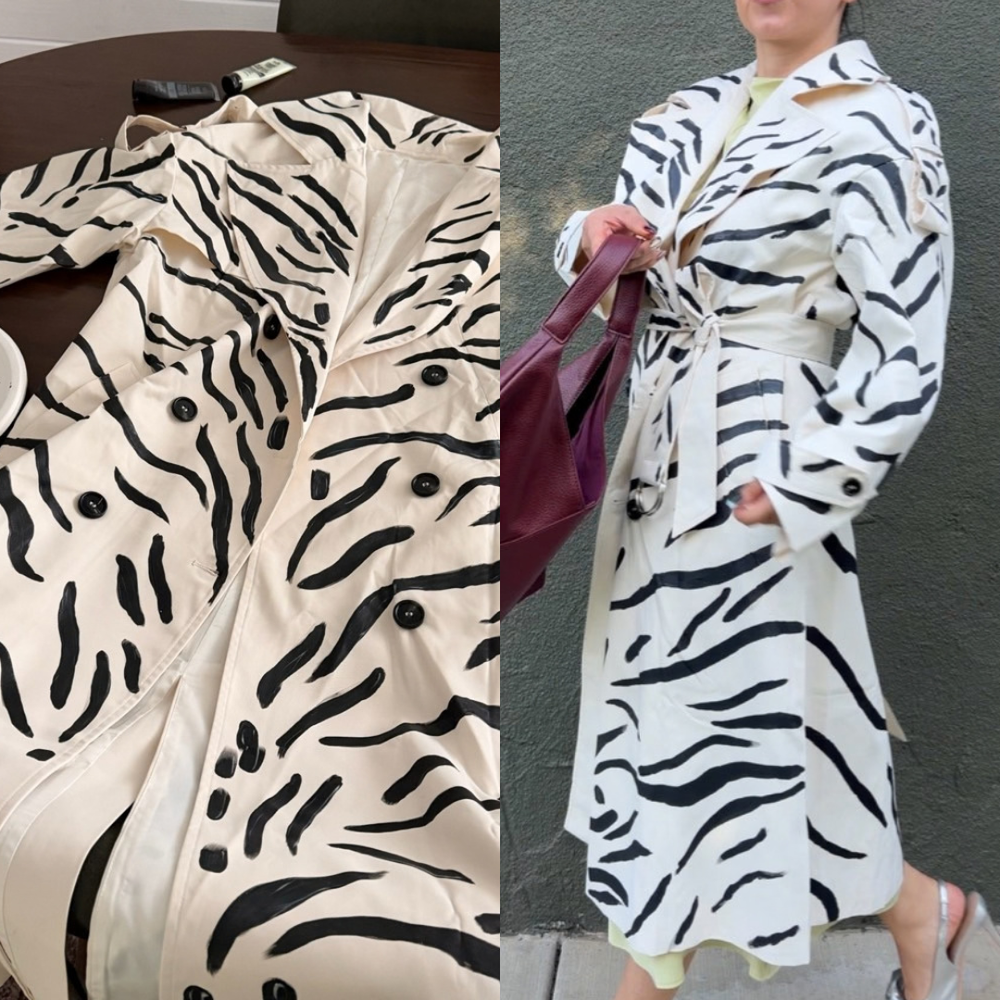 white coat with black zebra stripes on left, same coat on woman on right