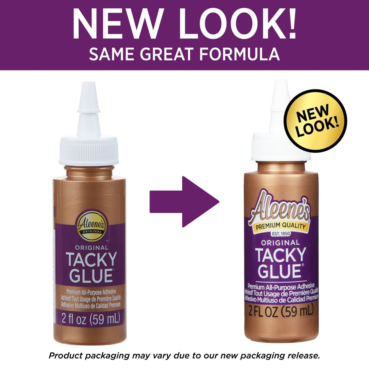 Old packaging next to new packaging of 15600 Aleenes Original Tacky Glue 2 fl. oz.