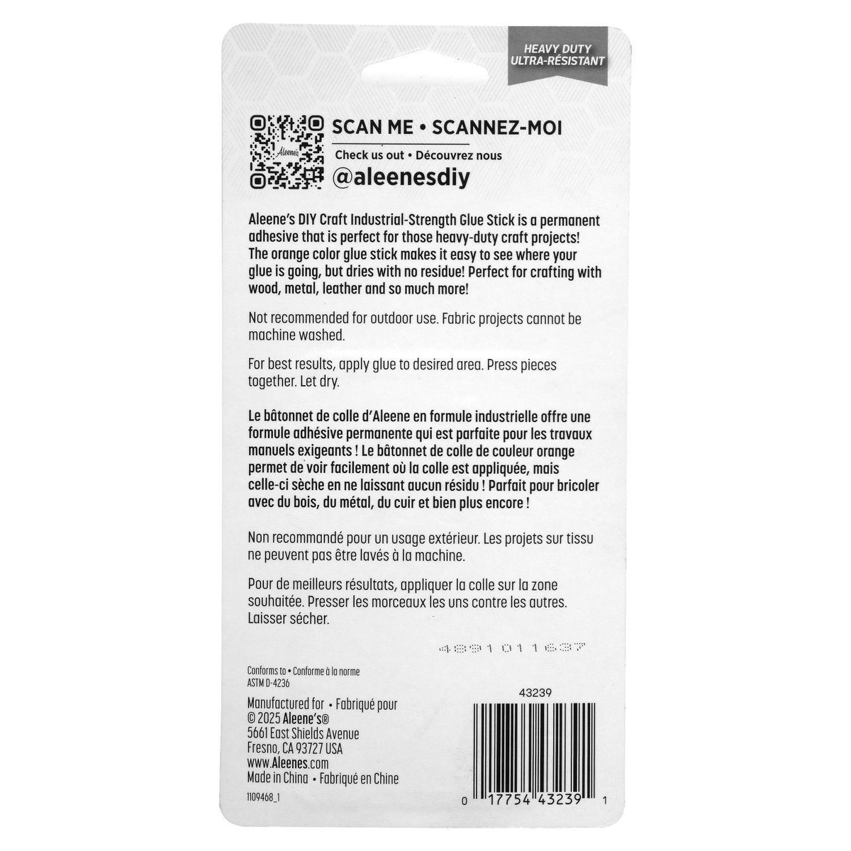 Picture of 43239 Aleene's DIY Craft Industrial-Strength Glue Sticks 2 Pack (back of blister)